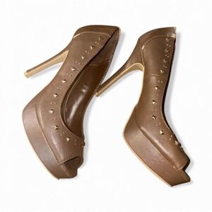Fioni Peep Toe Platform Heels Studded Brown Women Size 6